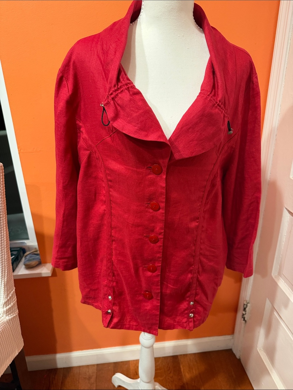 Women's Red Button-Front Jacket with Shawl Collar